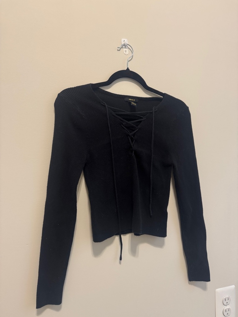 Forever 21 Black Ribbed Lace-Up Long Sleeve Top
